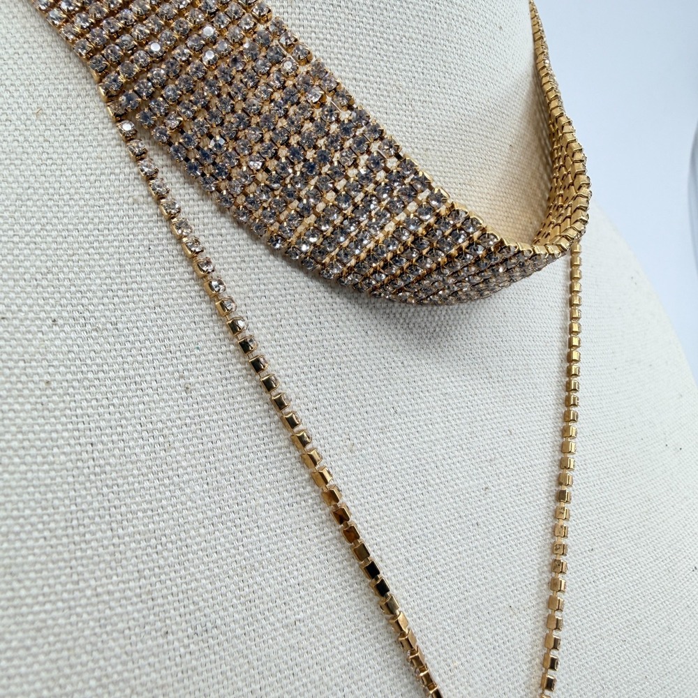 VTG Gold Tone Rhinestone Wide Choker & Lariat Y-Necklace Layered Statement Set - Picture 5 of 11
